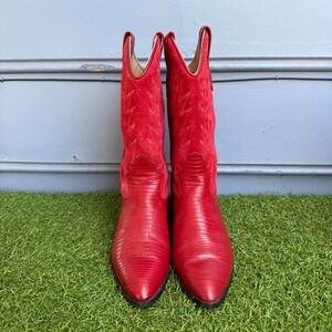 Vtg Chilis Womens Red Lizard Embossed Suede Cowboy Boots Size 6.5M Rodeo Western